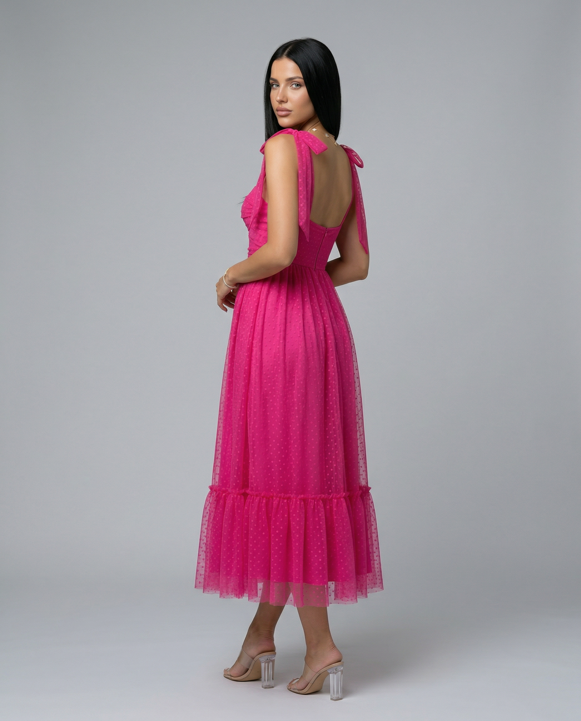 Tina | Midi Tulle Dress with Tie Shoulder Straps