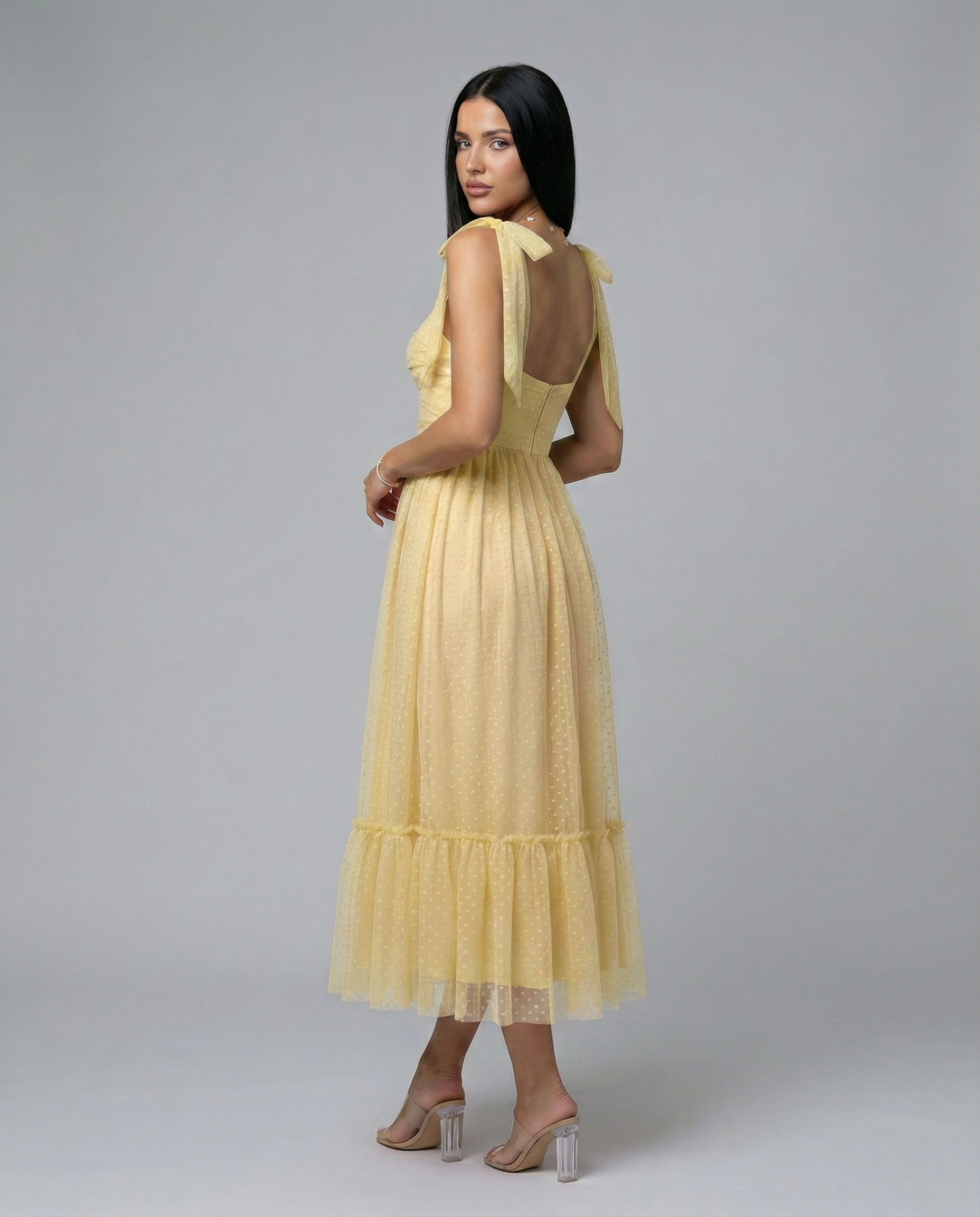 Tina | Midi Tulle Dress with Tie Shoulder Straps