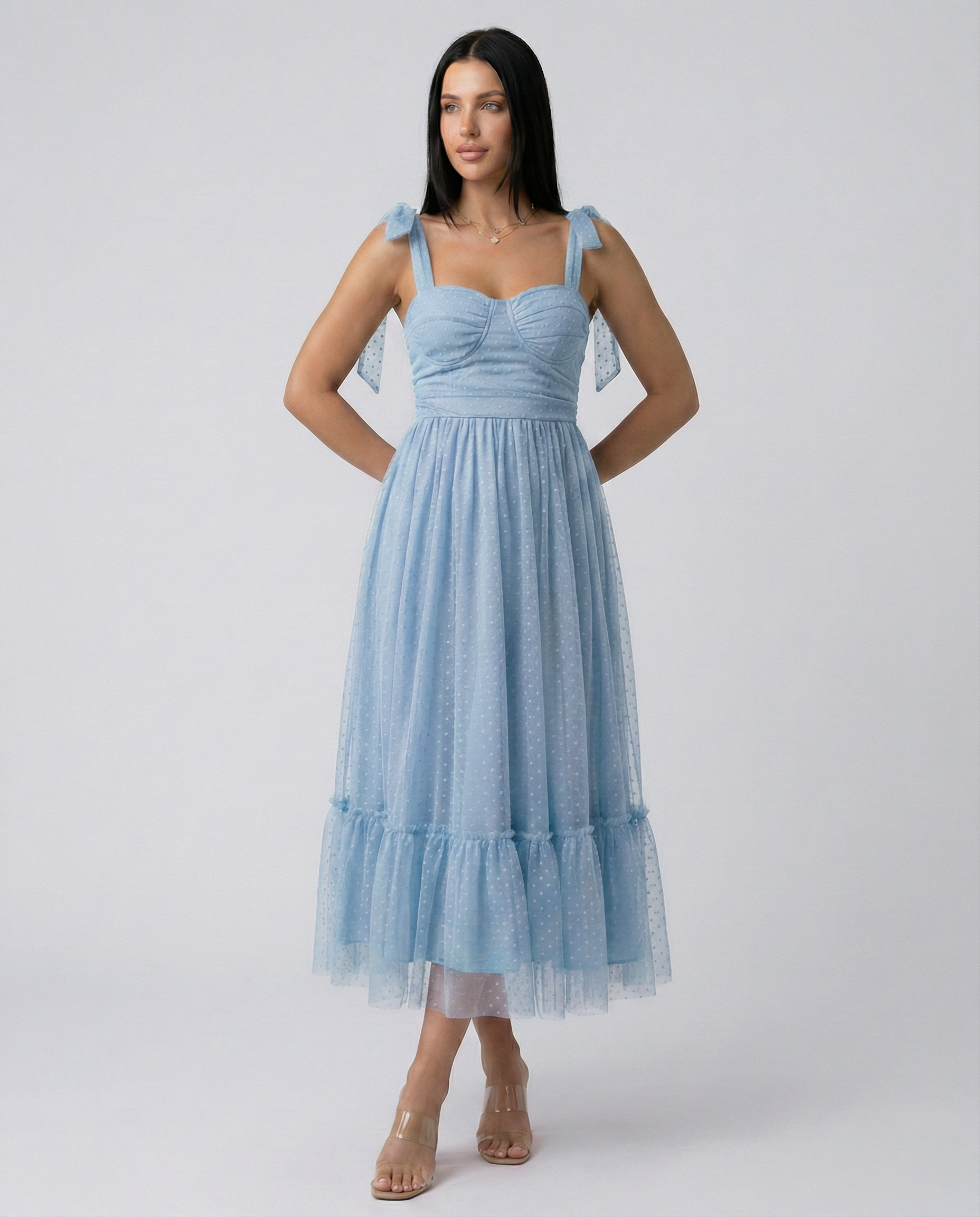 Tina | Midi Tulle Dress with Tie Shoulder Straps