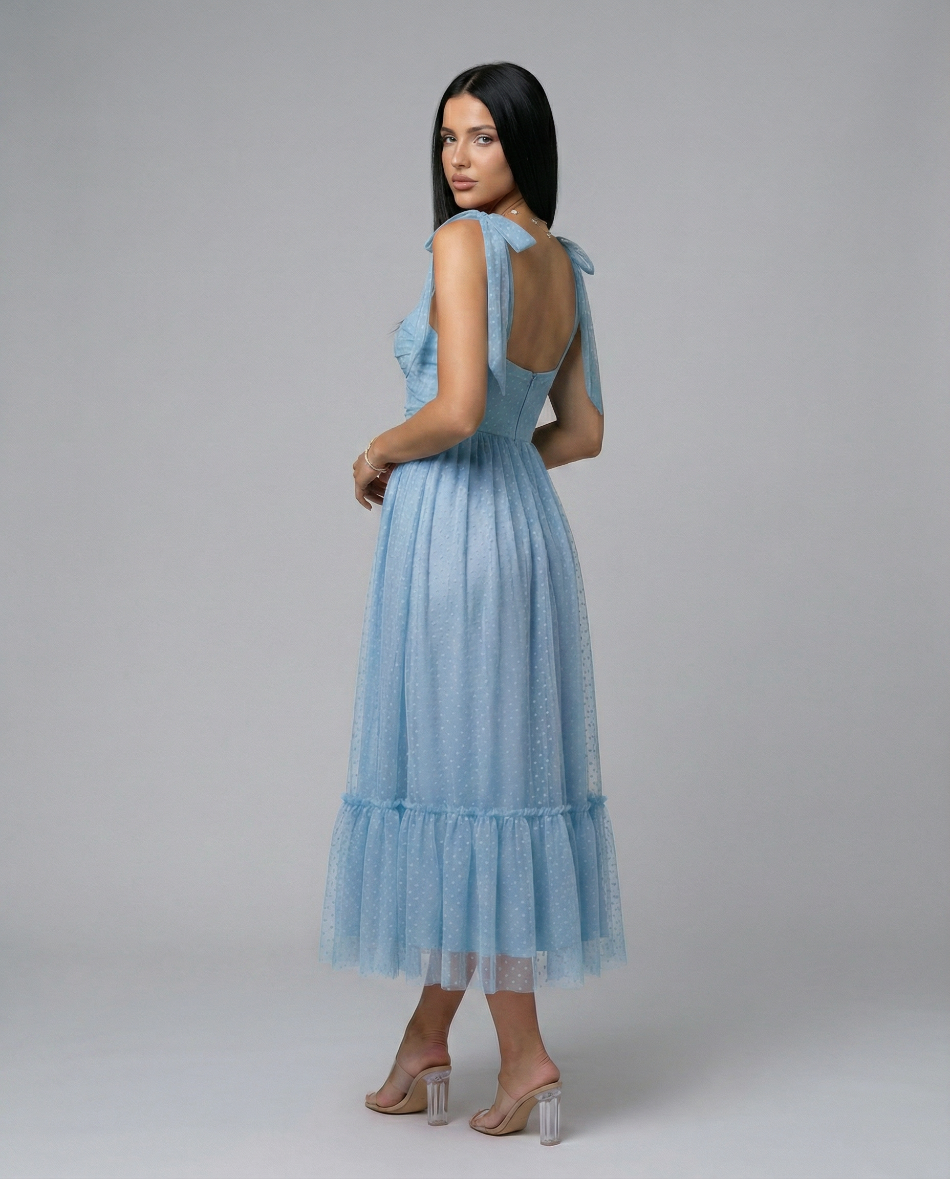 Tina | Midi Tulle Dress with Tie Shoulder Straps