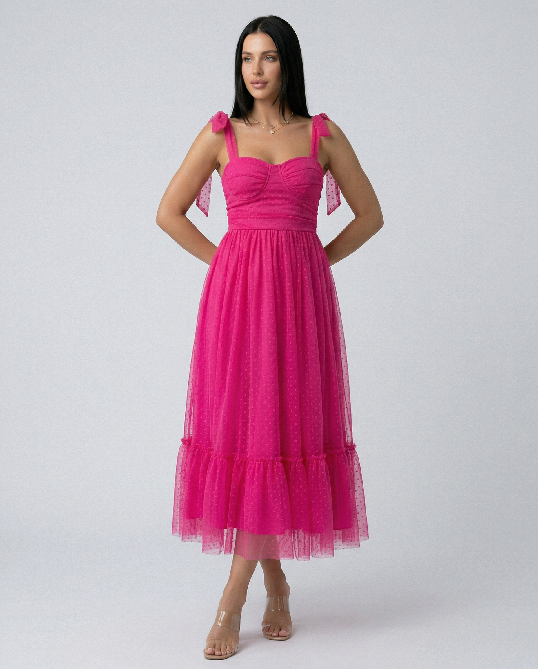 Tina | Midi Tulle Dress with Tie Shoulder Straps