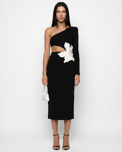 Angelica | Midi Dress with One-Shoulder Floral Detail