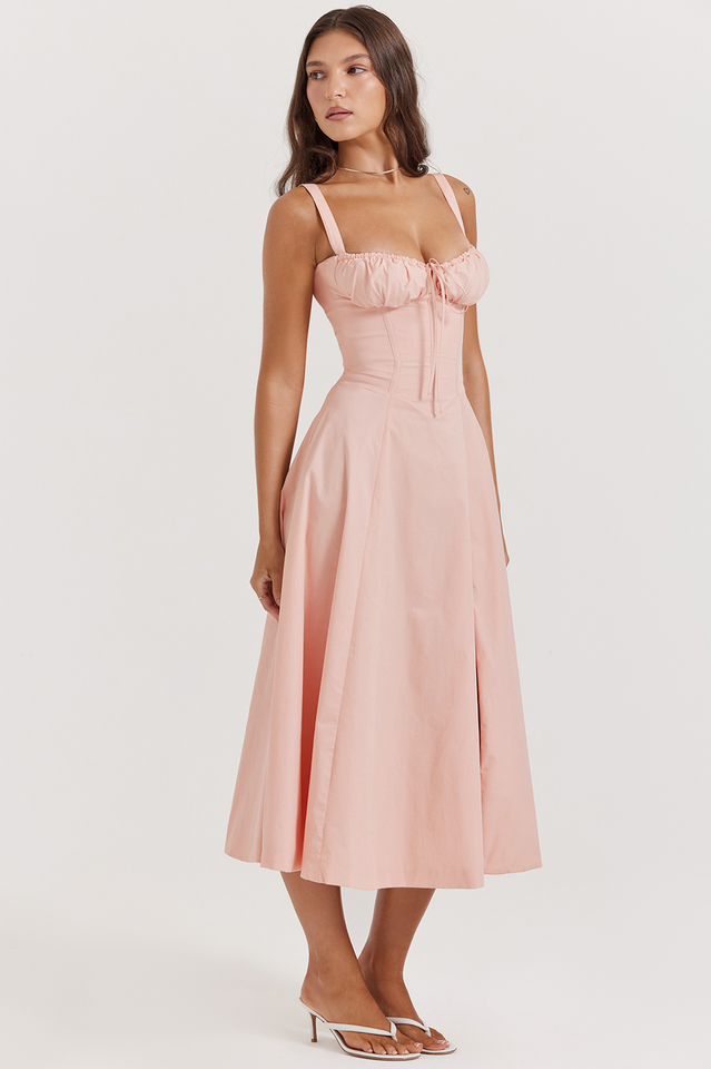 Zinnia | Midi Dress with Ruched Bust and Lace Back