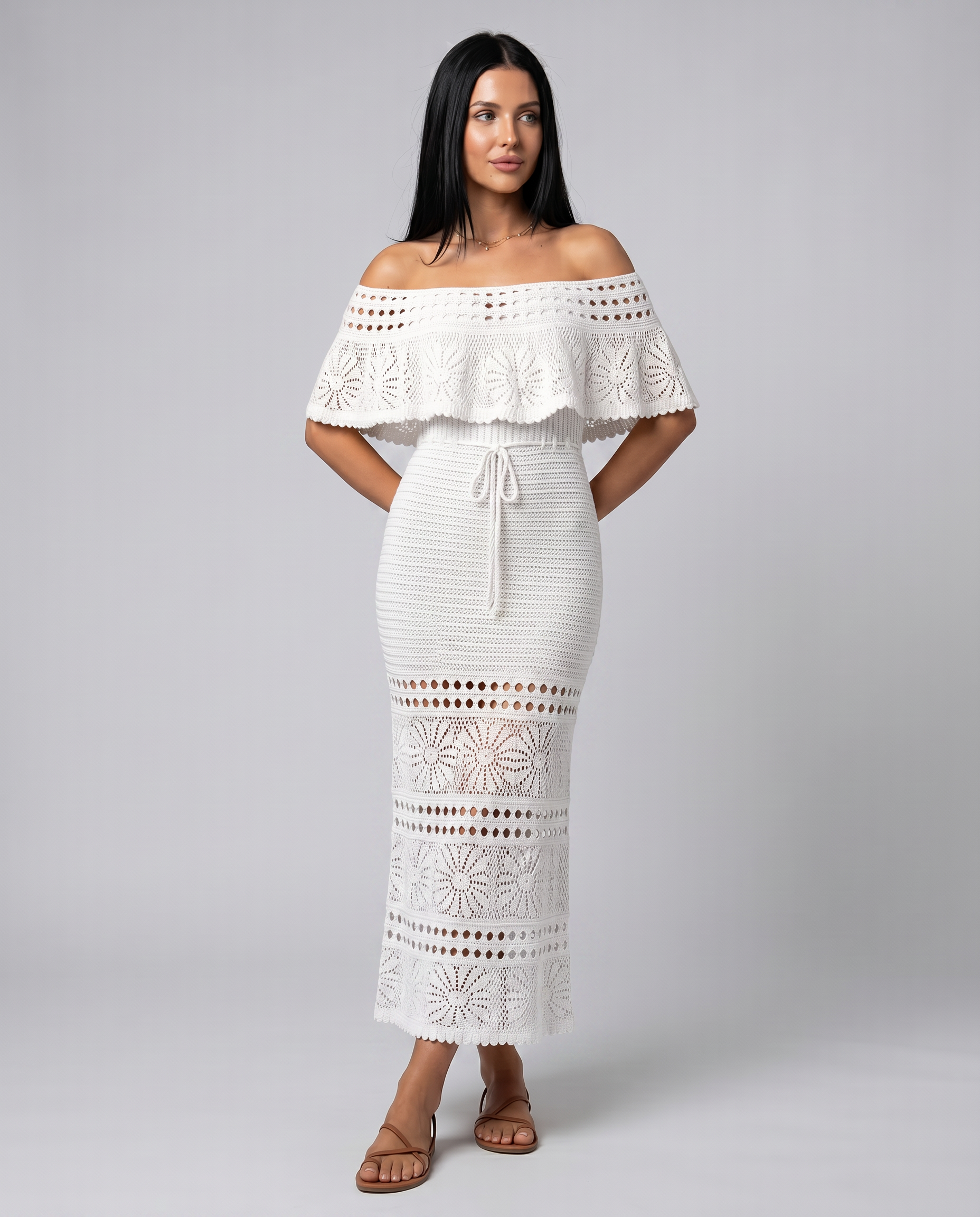 Mara | Midi Crochet Dress with Off-Shoulder Neckline