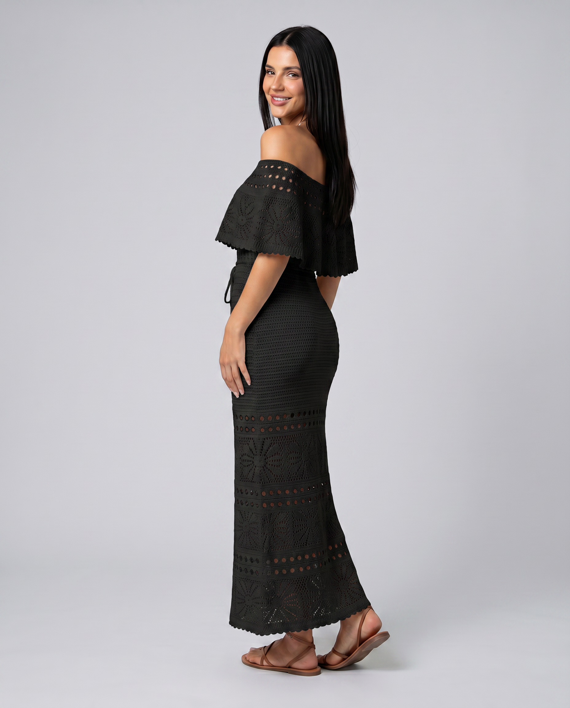 Mara | Midi Crochet Dress with Off-Shoulder Neckline