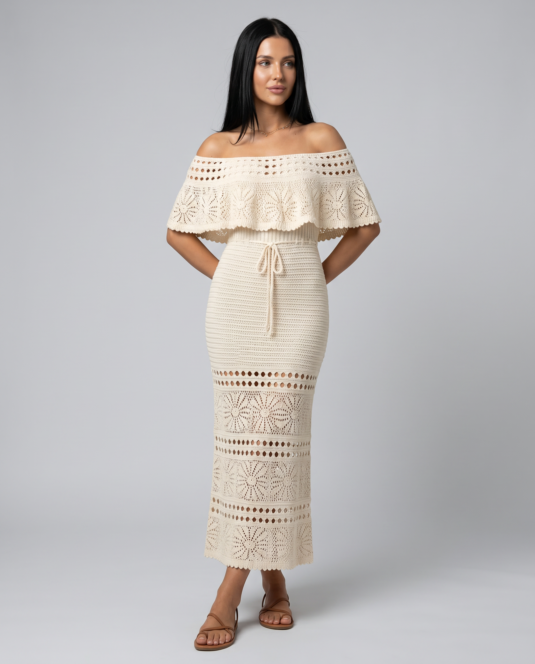Mara | Midi Crochet Dress with Off-Shoulder Neckline