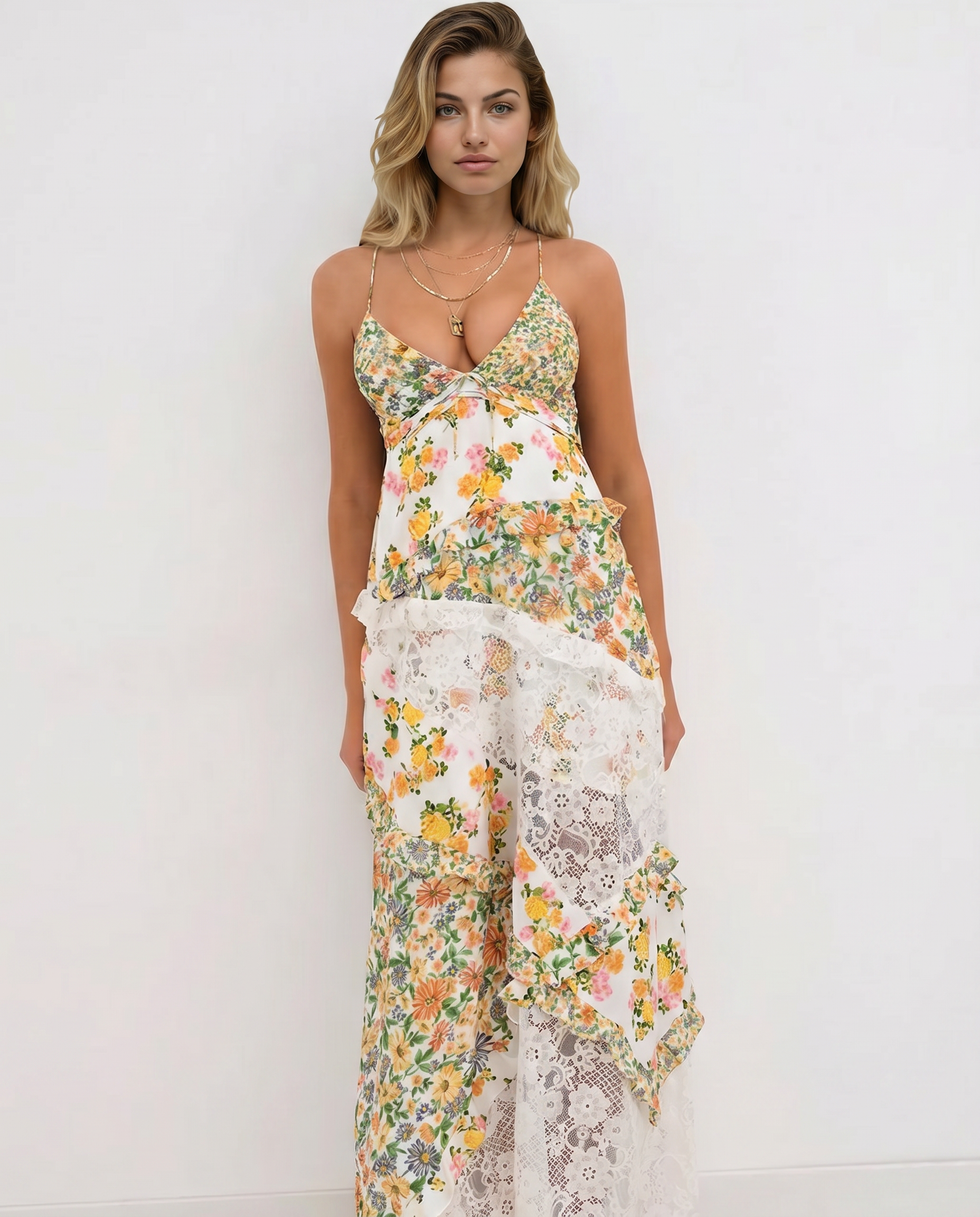 Gena | Maxi Dress with Floral Print and Lace Panels