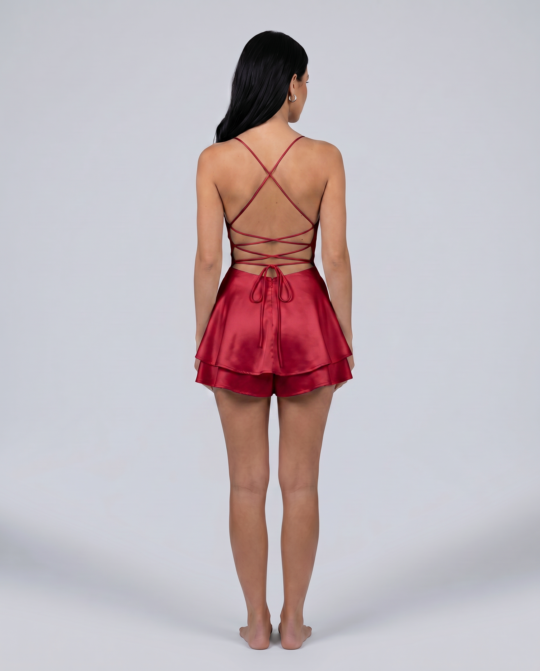 Lidia | Satin Playsuit with Open Back and Layered Shorts