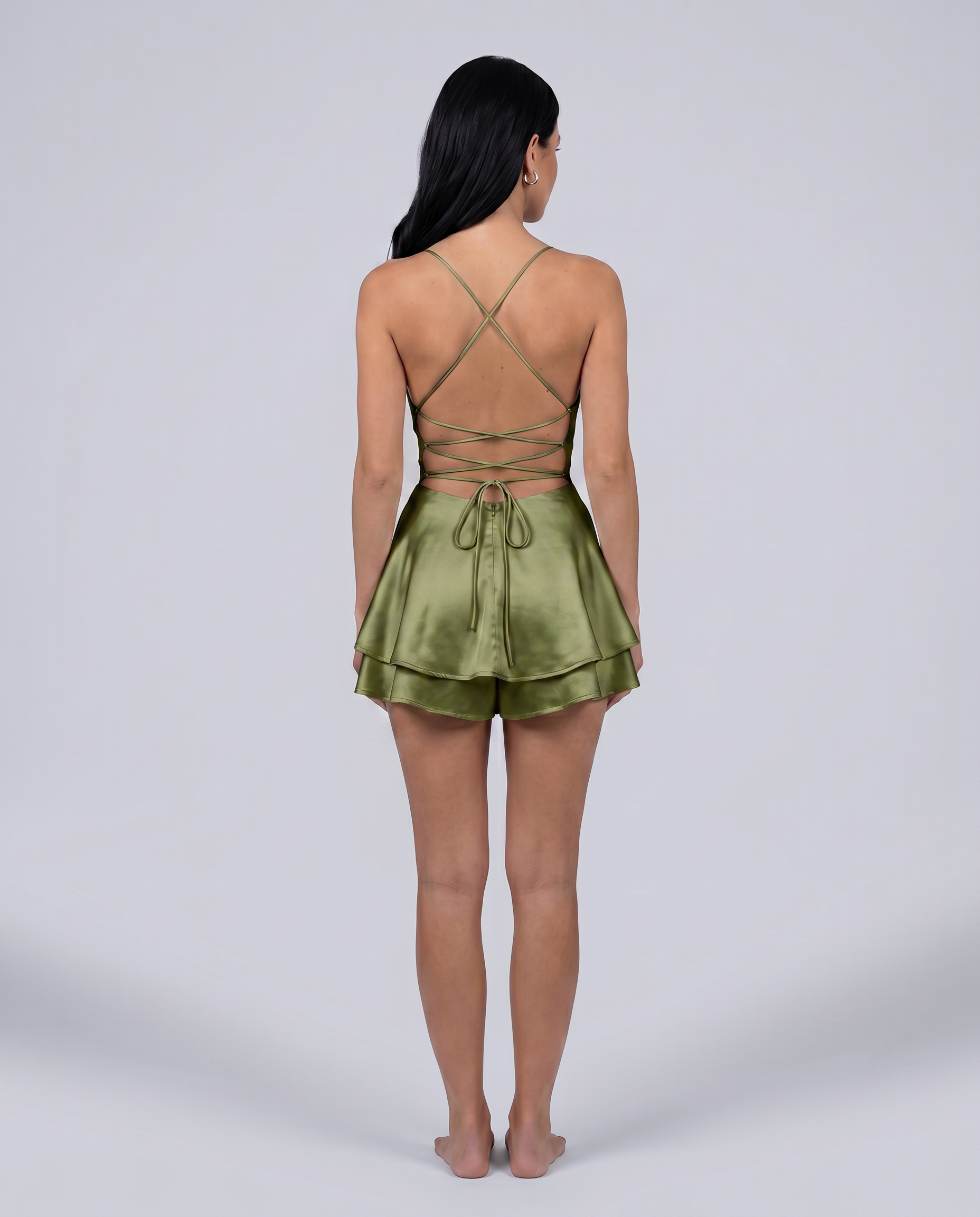 Lidia | Satin Playsuit with Open Back and Layered Shorts