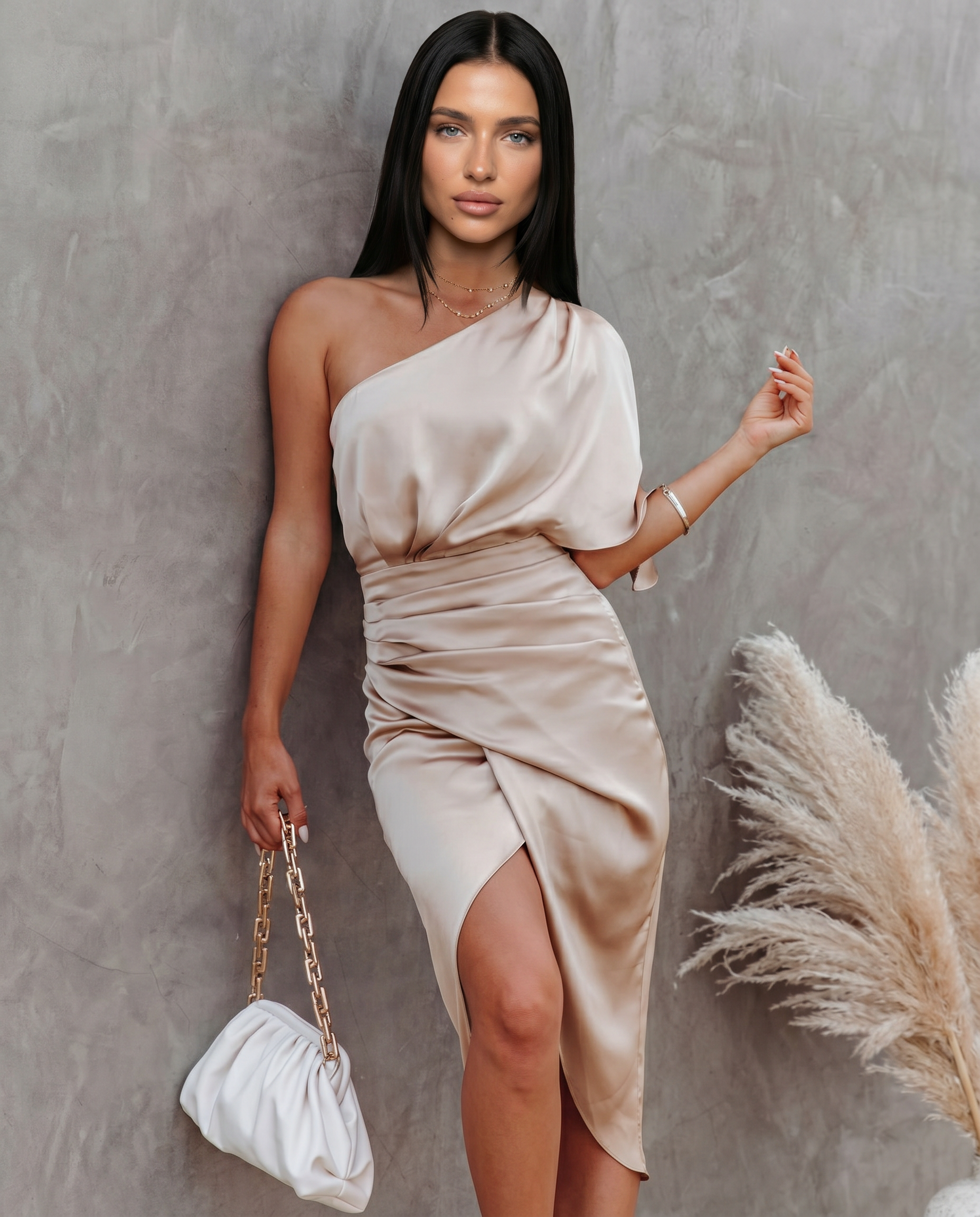 Ember | Satin Midi Dress with One-Shoulder Drape