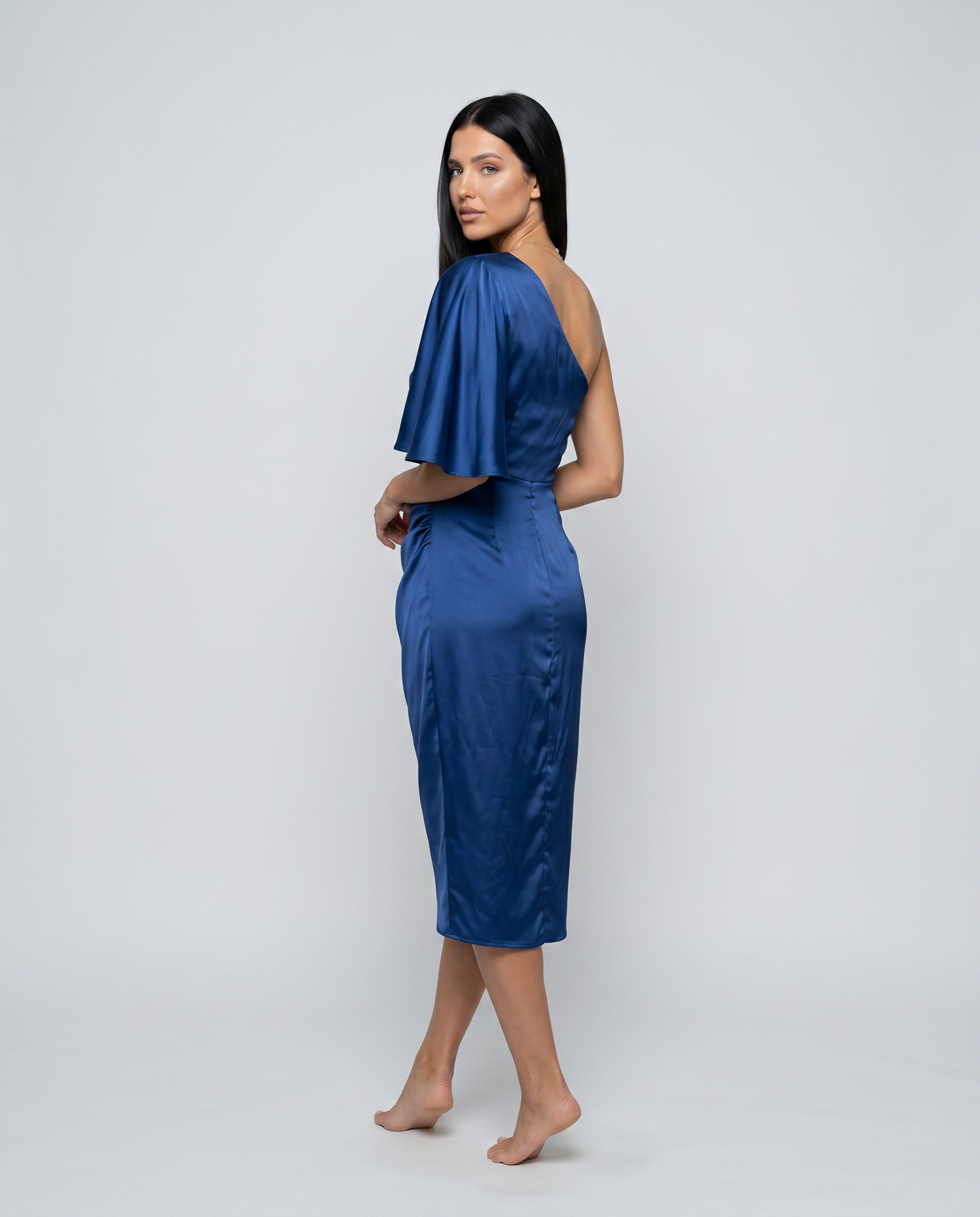 Ember | Satin Midi Dress with One-Shoulder Drape