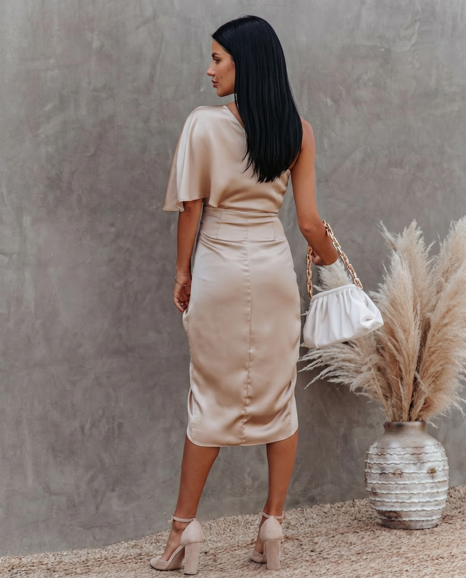 Ember | Satin Midi Dress with One-Shoulder Drape