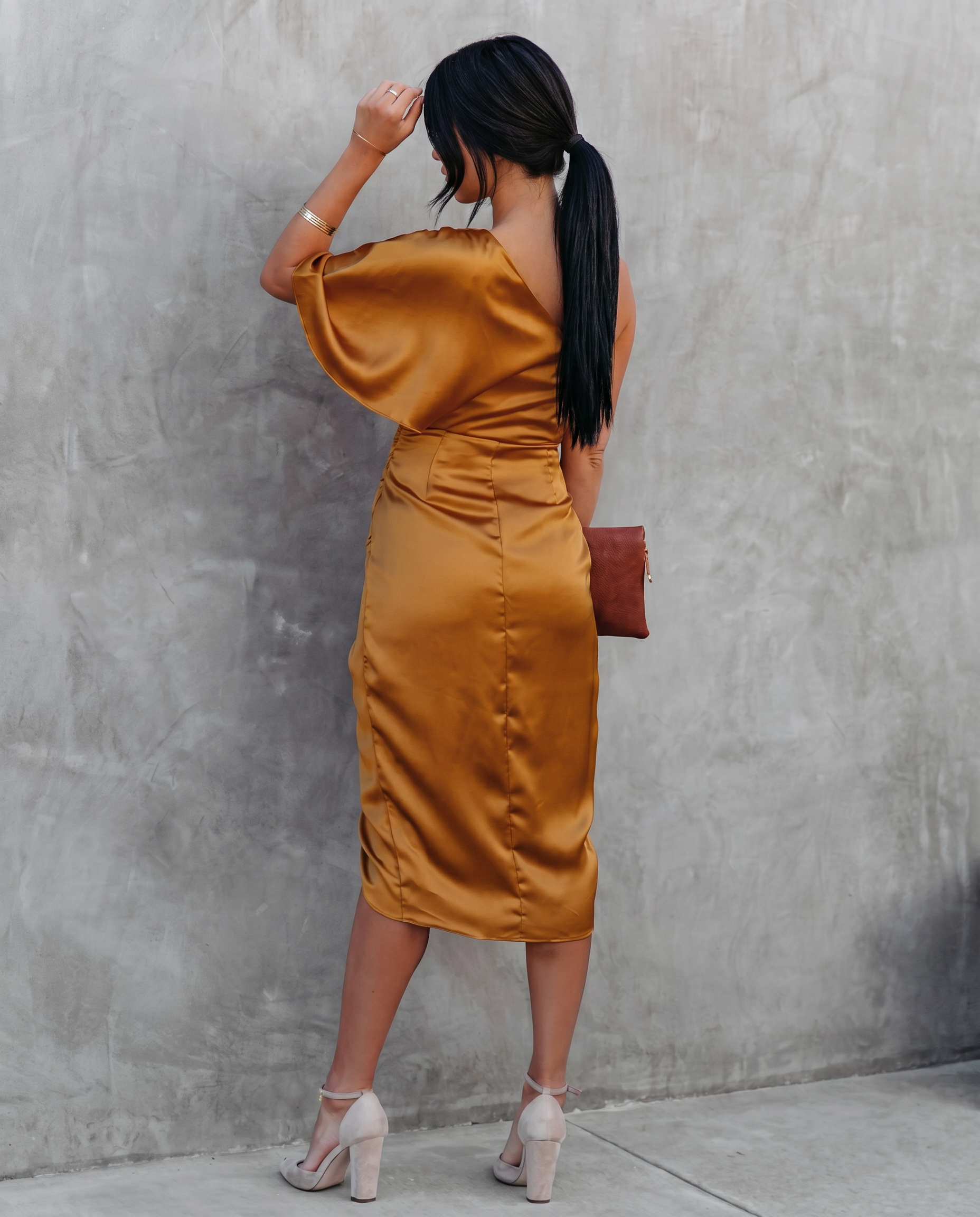 Ember | Satin Midi Dress with One-Shoulder Drape