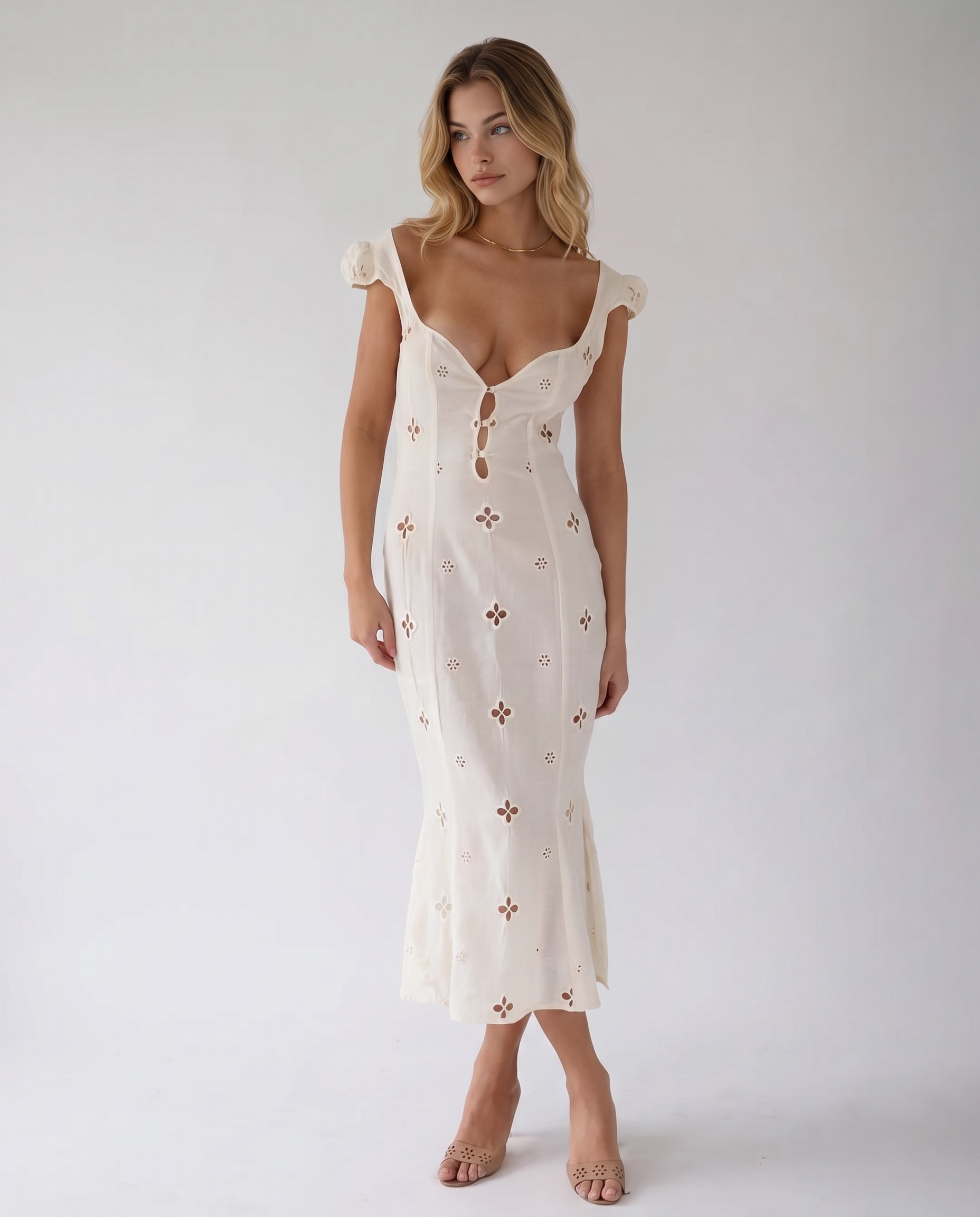 Izabelle | Midi Dress with Sweetheart Neckline and Cap Sleeves