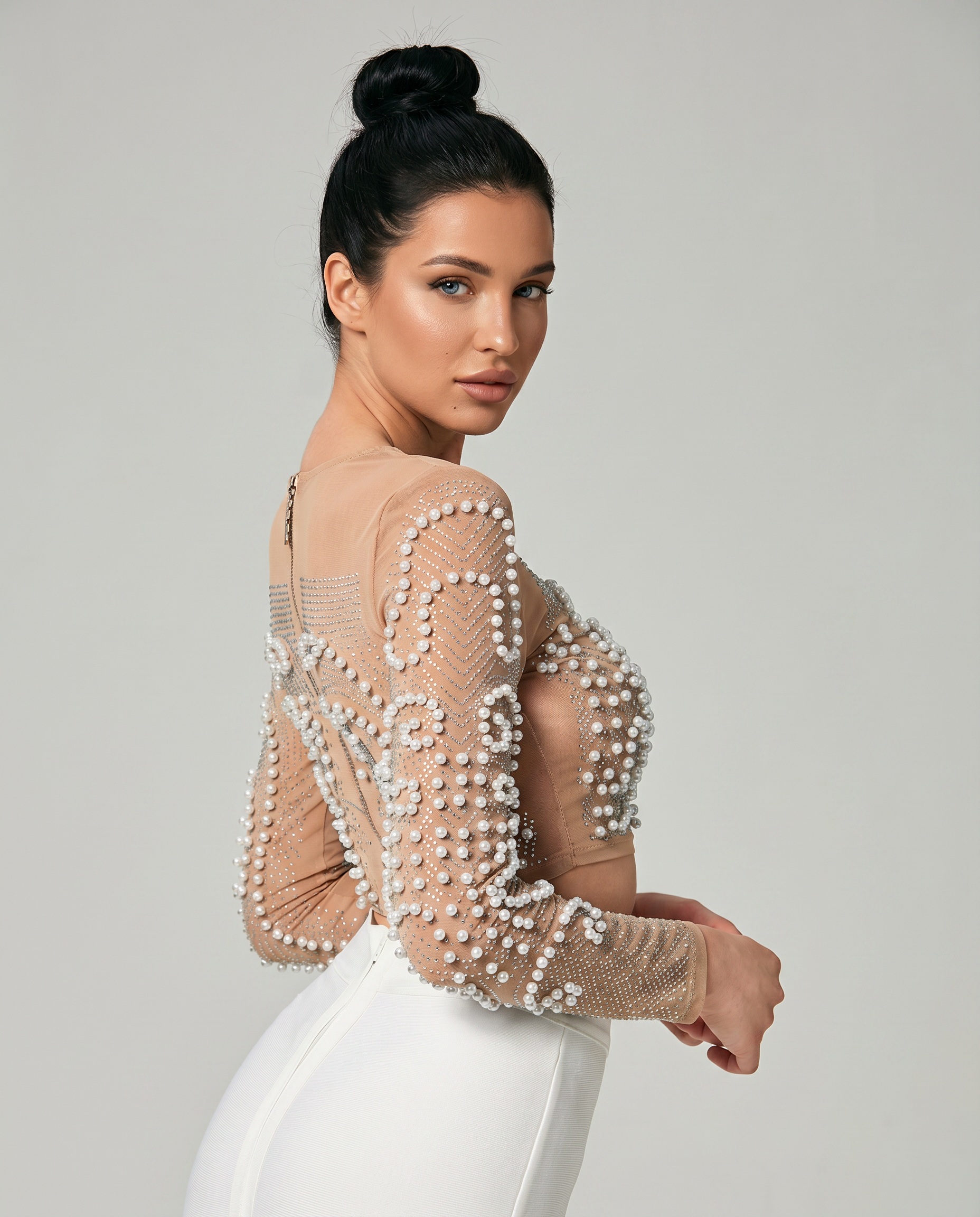 Motina | Two-Piece Set with Pearl Mesh Crop Top