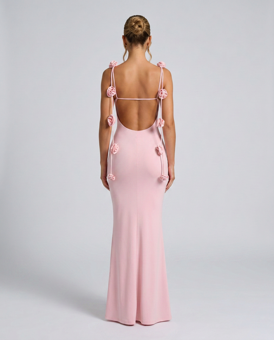 Elenora | Maxi Dress with Low Back and Floral Strap Detail