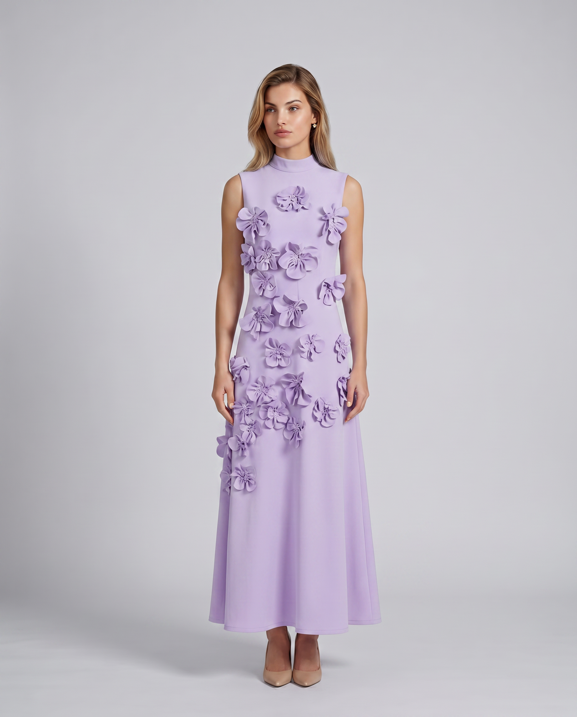 Shelia | Maxi Dress with Floral Appliqué and High Neck