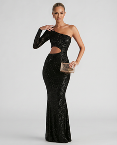Allie | One Shoulder Sequin Maxi Dress with Cut-Out