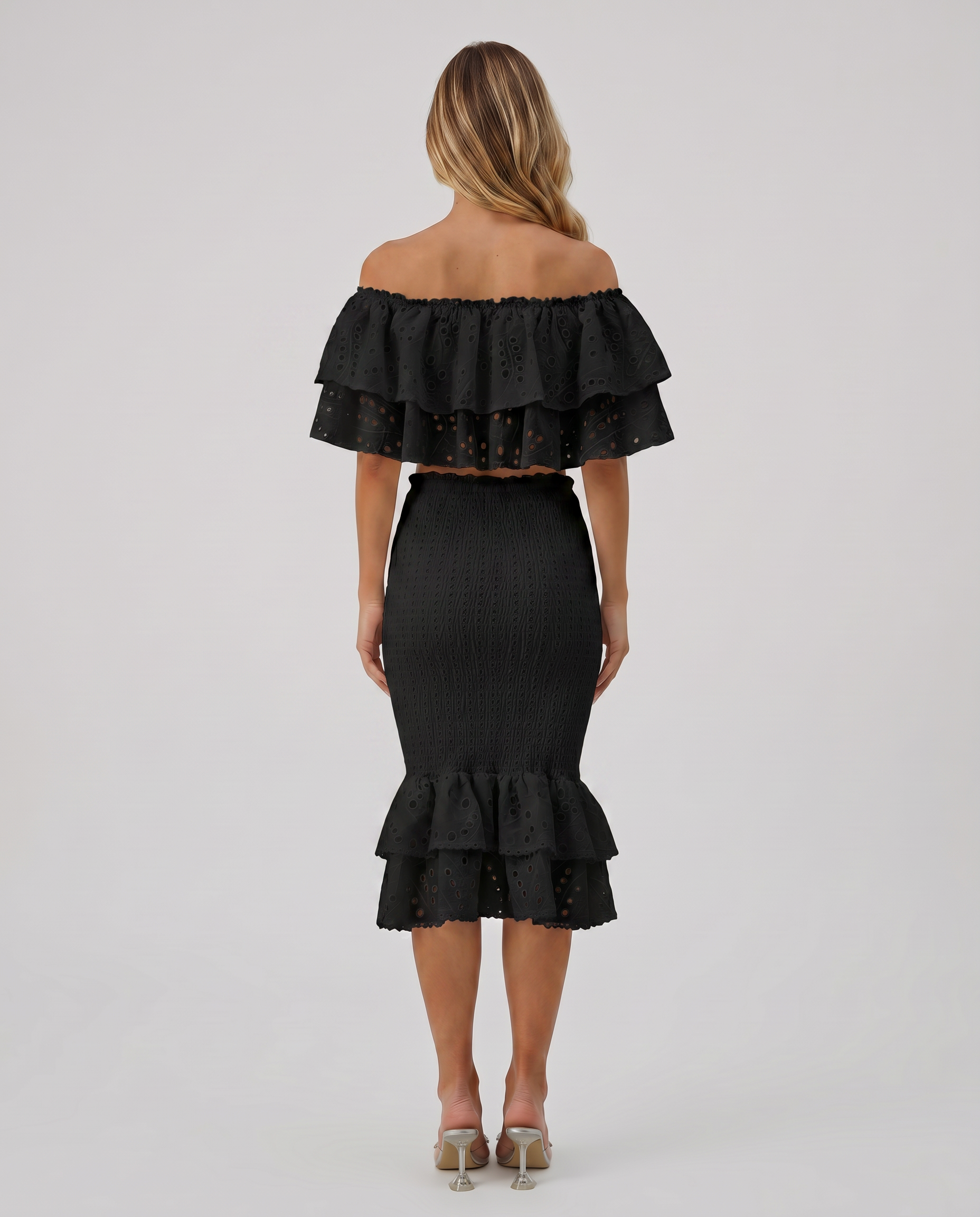 Liorah | Embroidered Ruffle Top and Midi Skirt Set