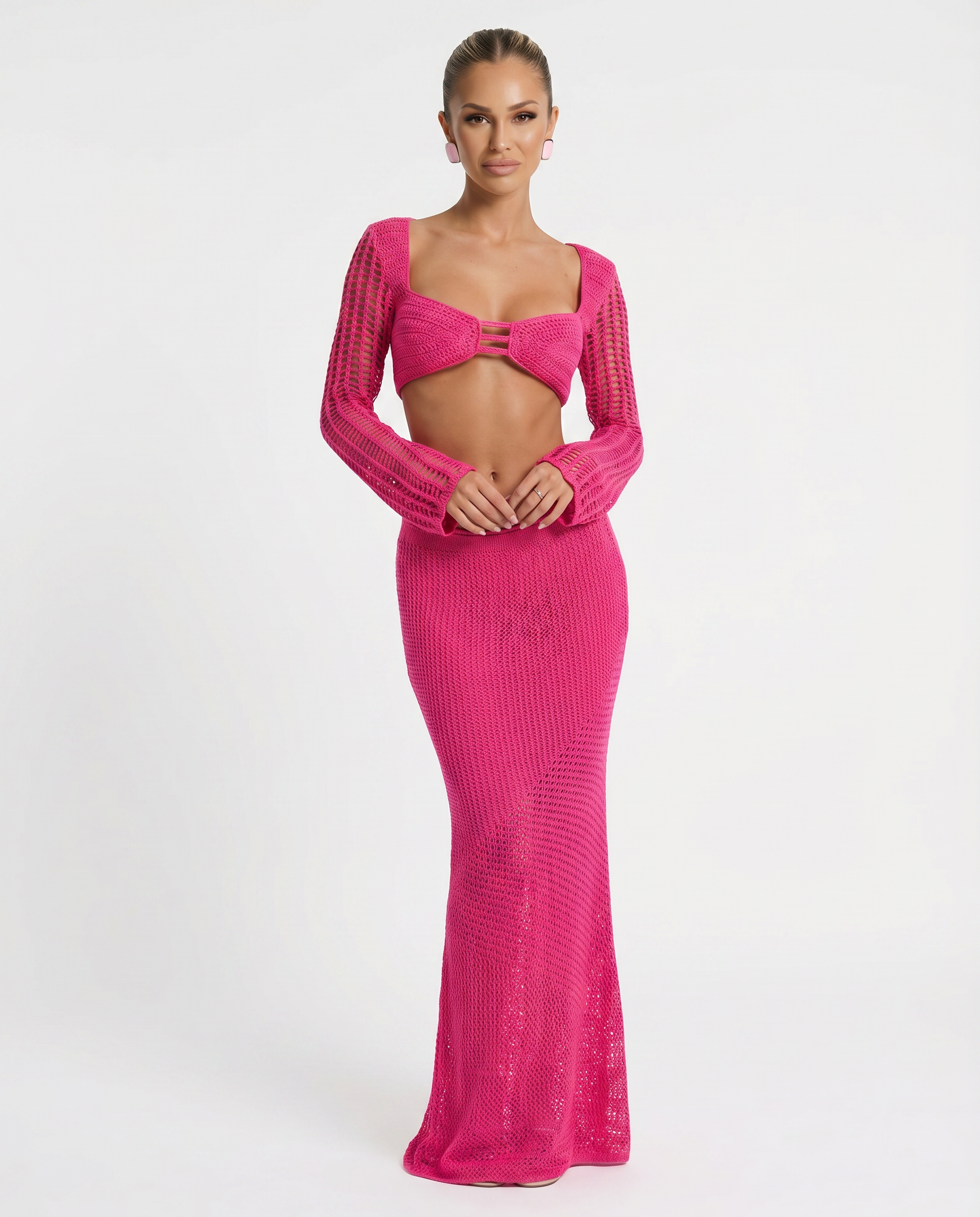Reba | Crochet Knit Two-Piece Set with Long Sleeve Top