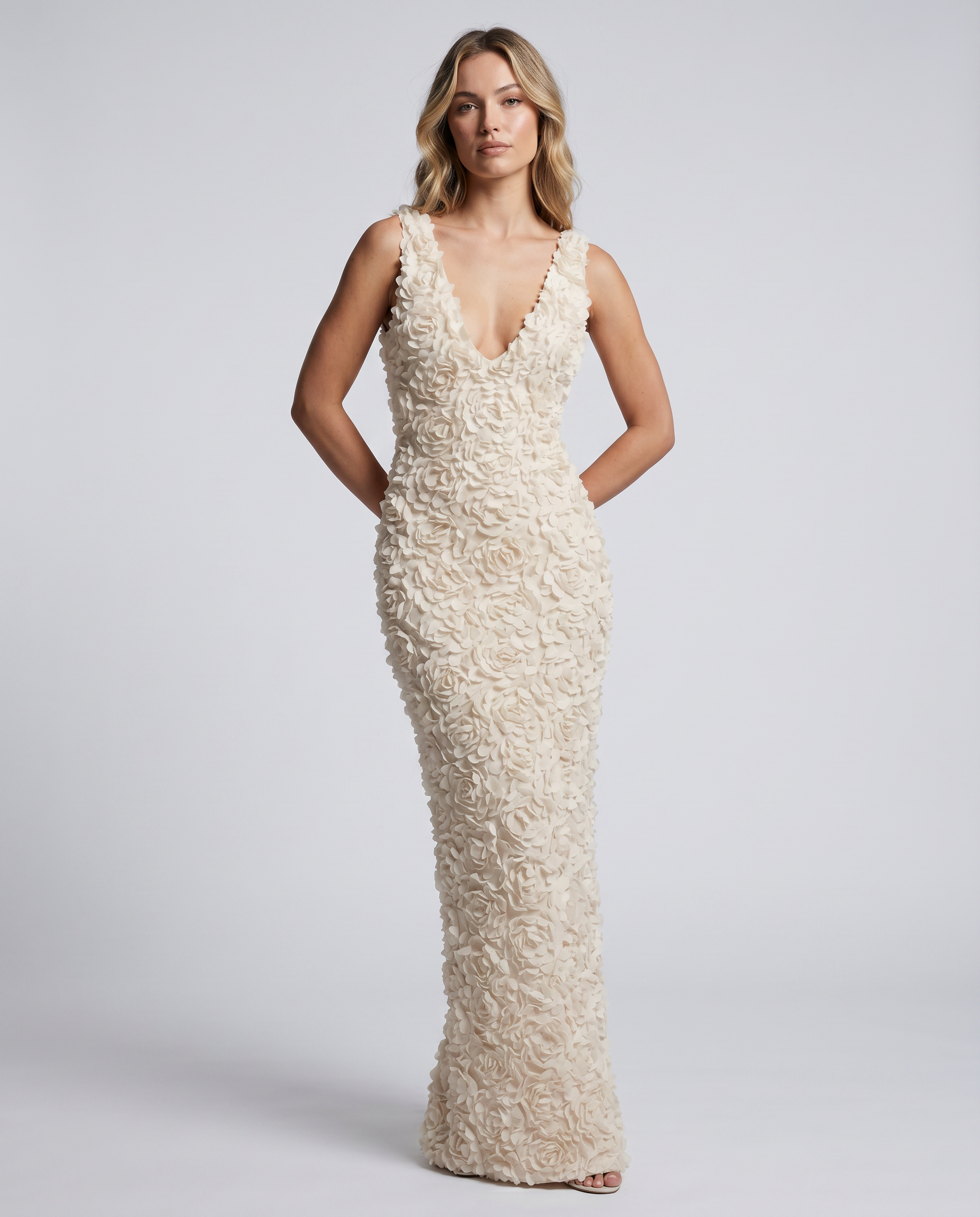 Evania | Sleeveless Maxi Dress with 3D Floral Appliqué