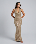 Zorina | Sequin Maxi Dress with Halter Cowl Neck