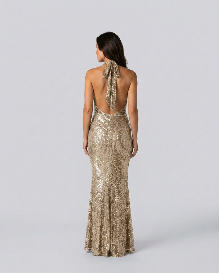 Zorina | Sequin Maxi Dress with Halter Cowl Neck