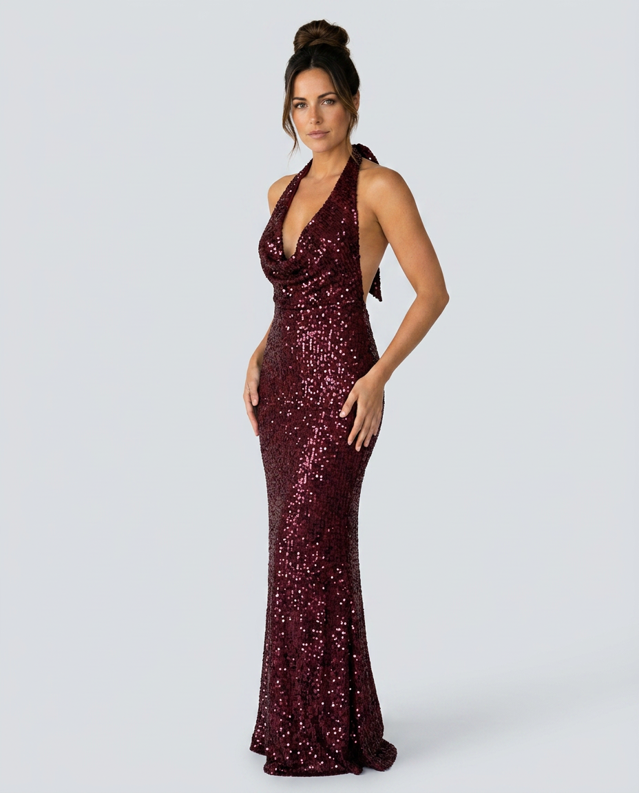 Zorina | Sequin Maxi Dress with Halter Cowl Neck