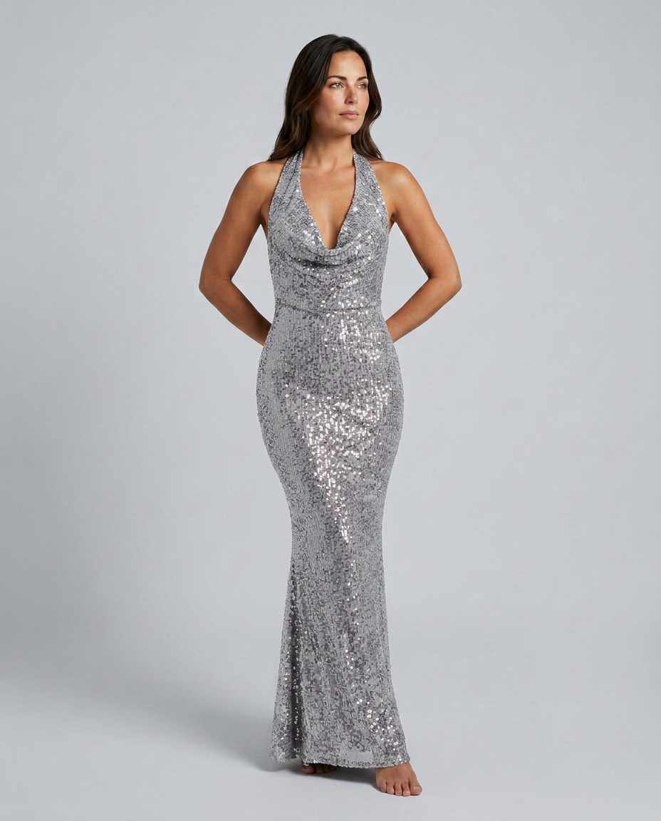 Zorina | Sequin Maxi Dress with Halter Cowl Neck