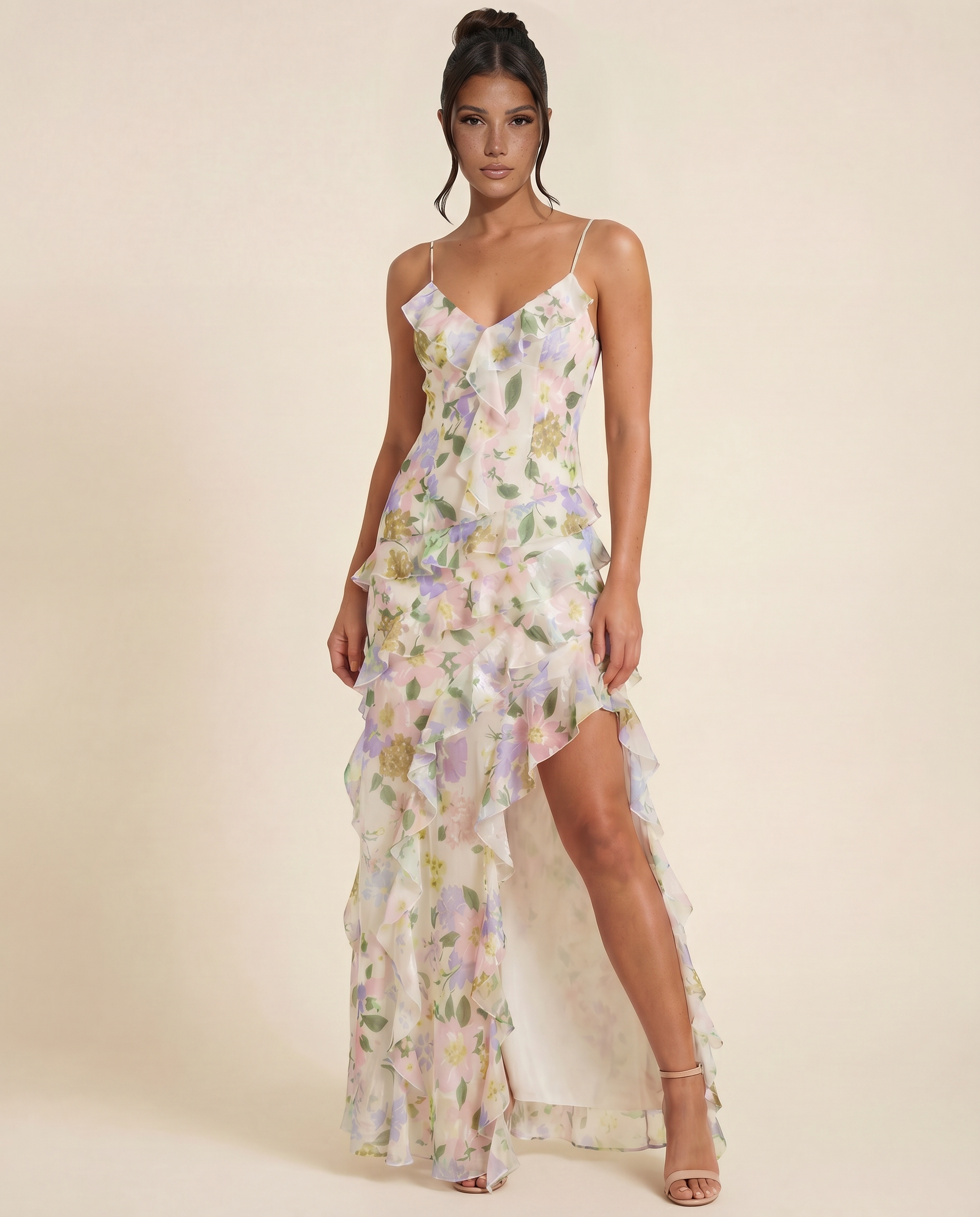 Drusilla | Floral Maxi Dress with Asymmetrical Ruffles