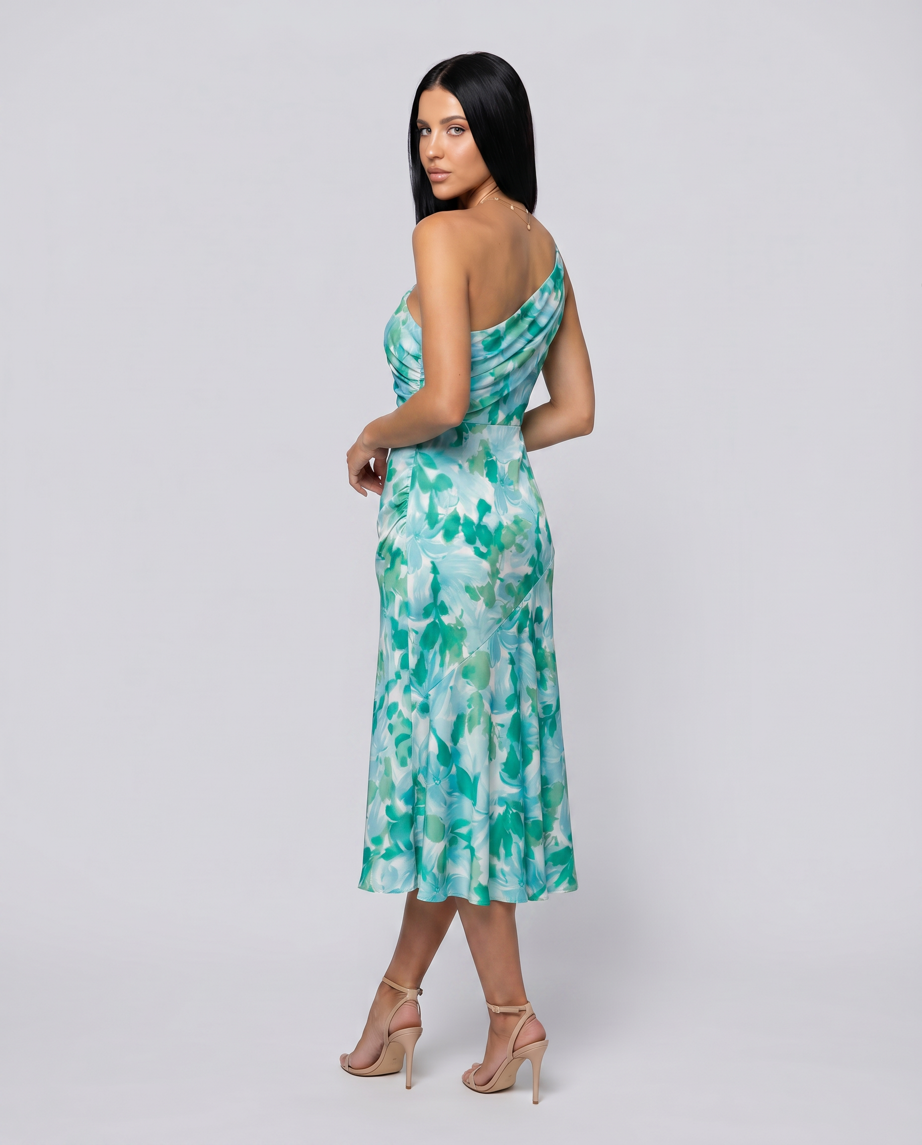 Nerissa | Midi Dress with One-Shoulder Floral Print
