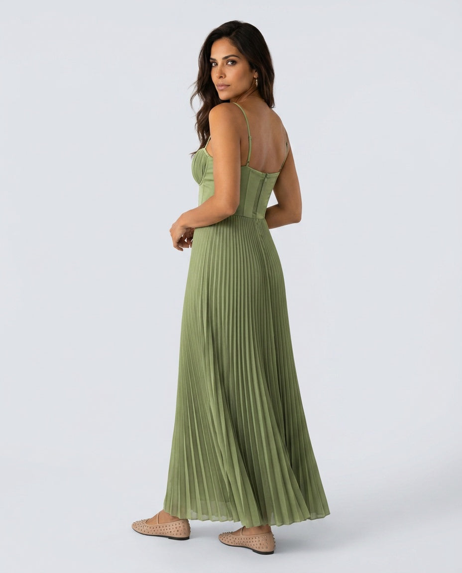 Josephine | Olive Green Pleated Satin-Look Midi Dress