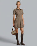 Imogen | Brown Plaid Lapel Pleated Mini Dress