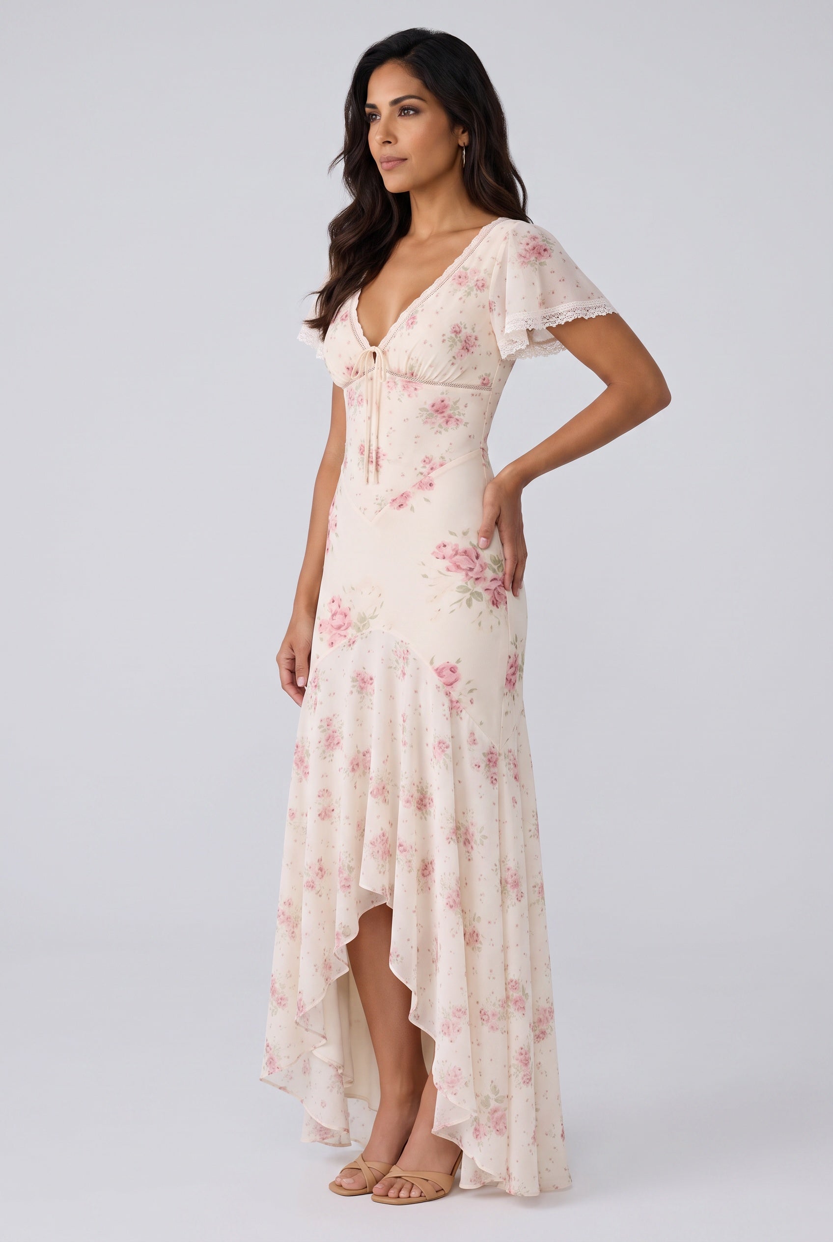 Micaela | Floral Print Lace Trim Maxi Dress