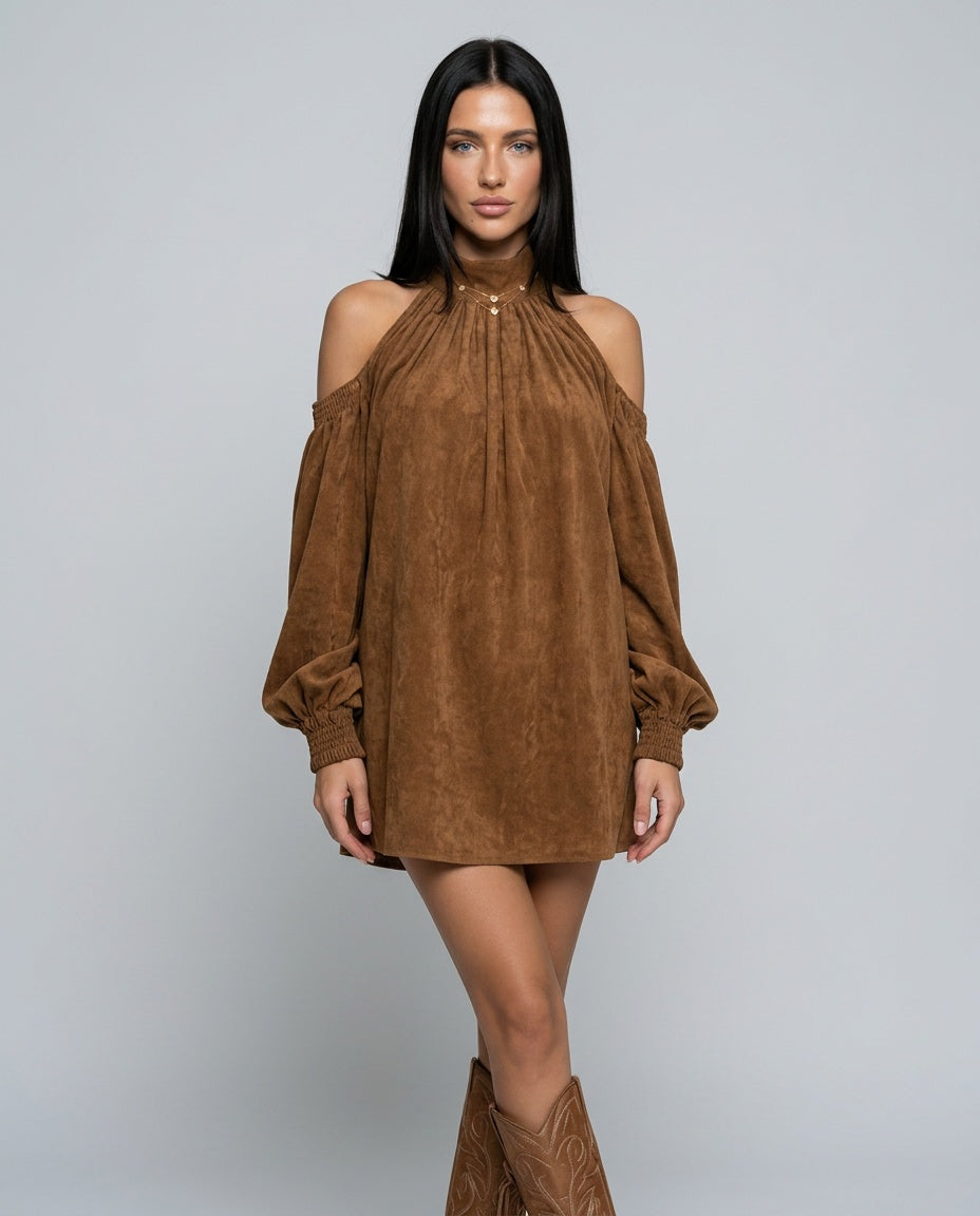 Sienna | Faux Suede Halter Mini with Lantern Sleeves
