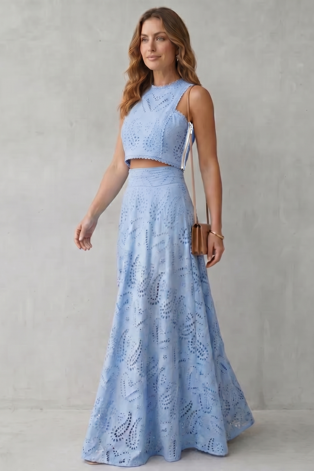 Parivelle | Embroidered Lace Sleeveless Midi Skirt Set