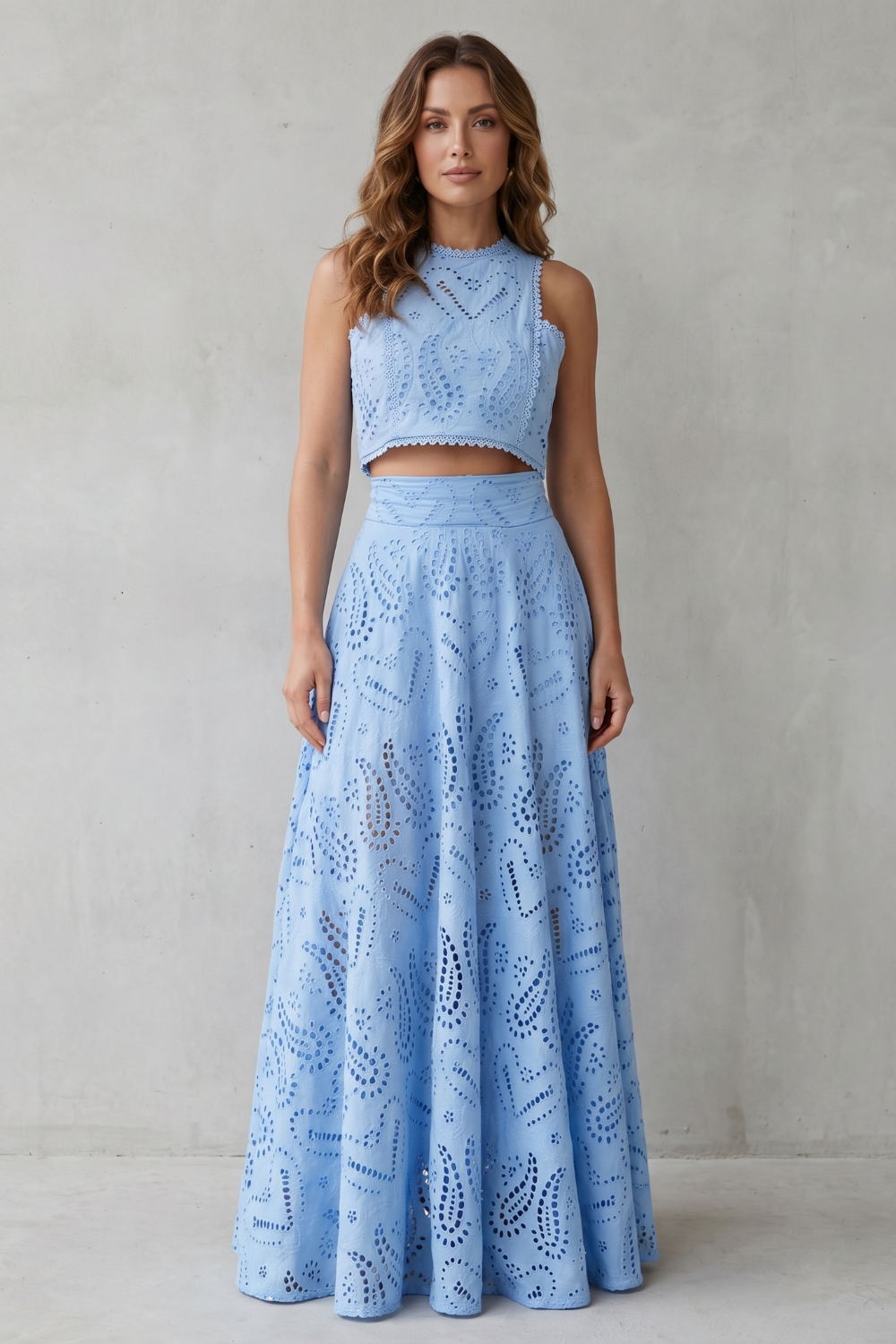 Parivelle | Embroidered Lace Sleeveless Midi Skirt Set