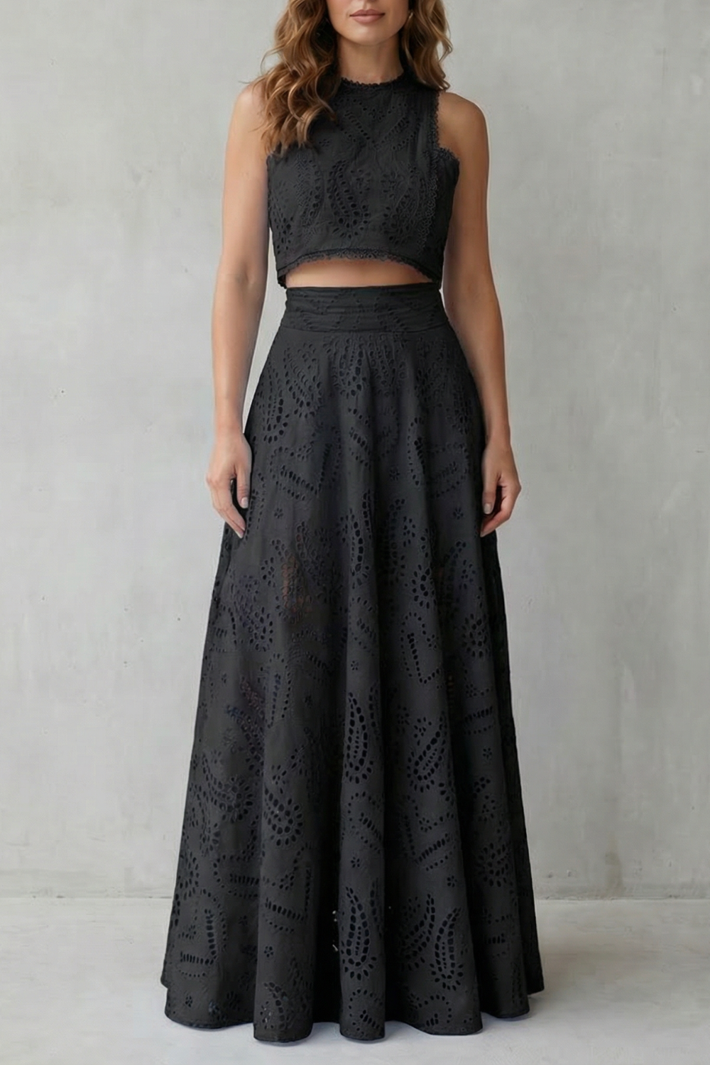 Parivelle | Embroidered Lace Sleeveless Midi Skirt Set