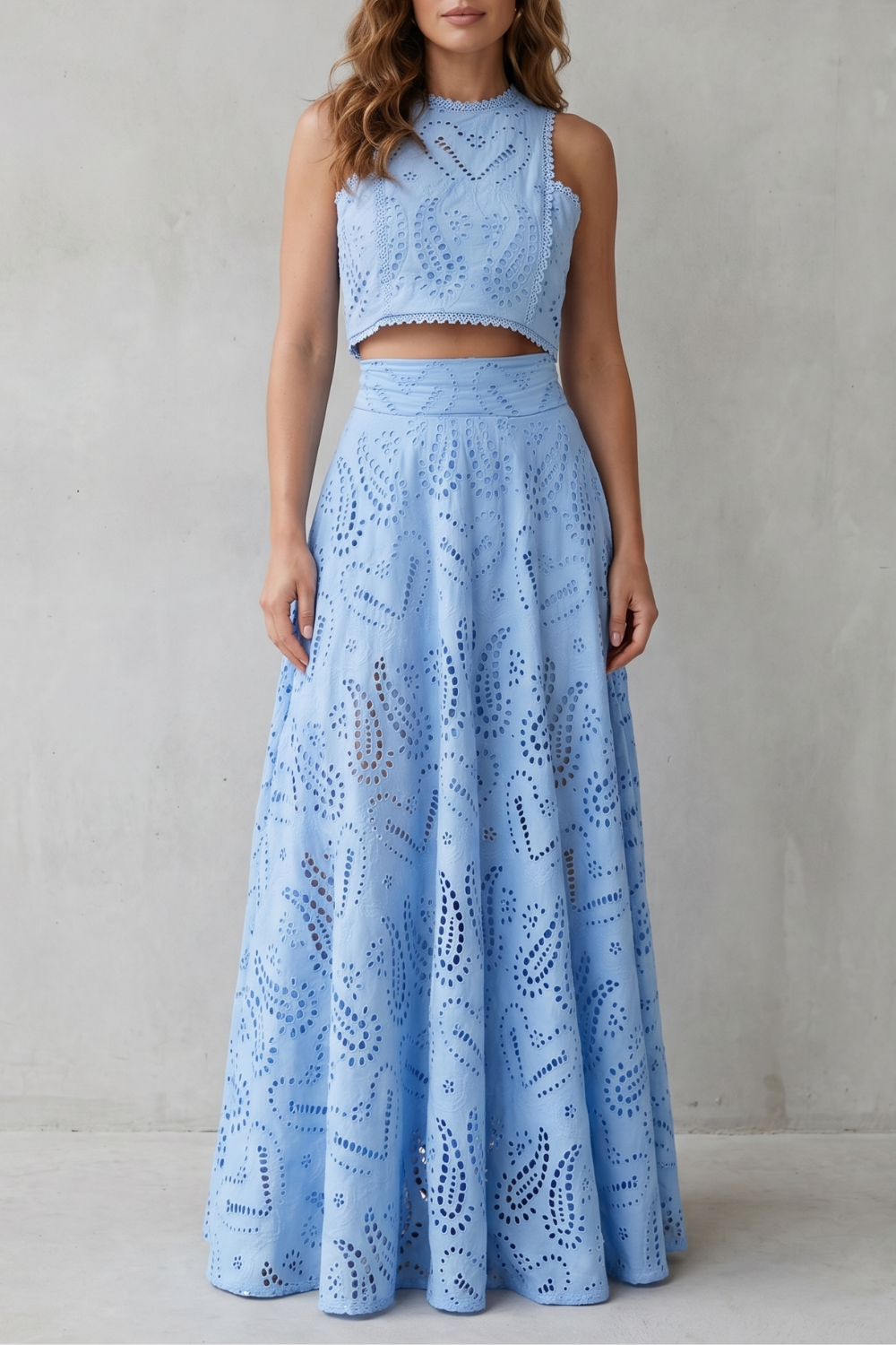Parivelle | Embroidered Lace Sleeveless Midi Skirt Set