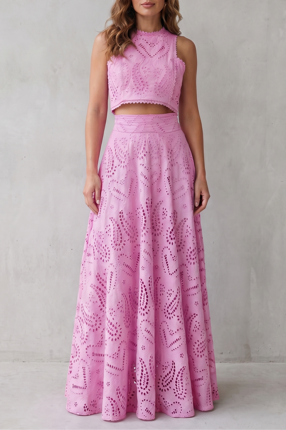 Parivelle | Embroidered Lace Sleeveless Midi Skirt Set