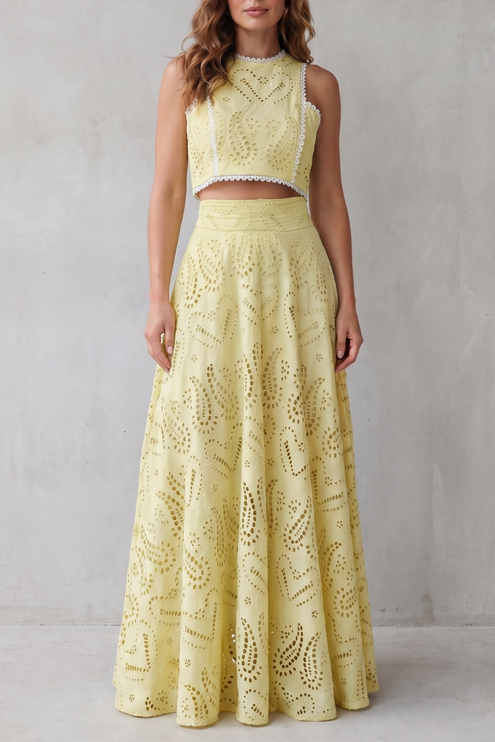 Parivelle | Embroidered Lace Sleeveless Midi Skirt Set
