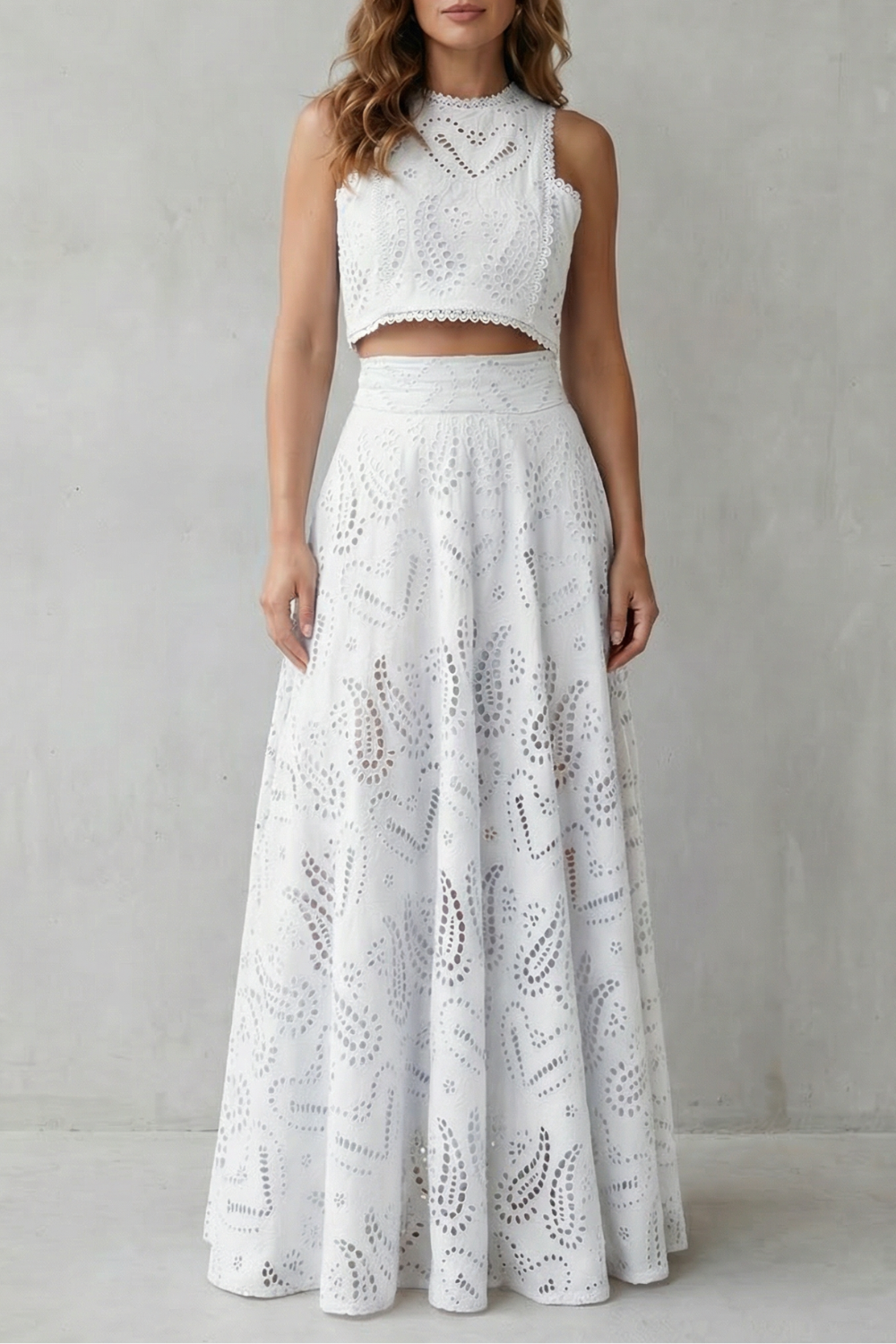 Parivelle | Embroidered Lace Sleeveless Midi Skirt Set