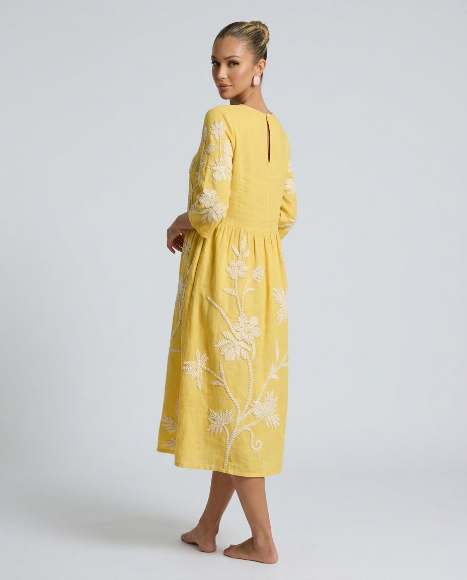 Josie | Floral Linen-Look Round Neck Midi Dress