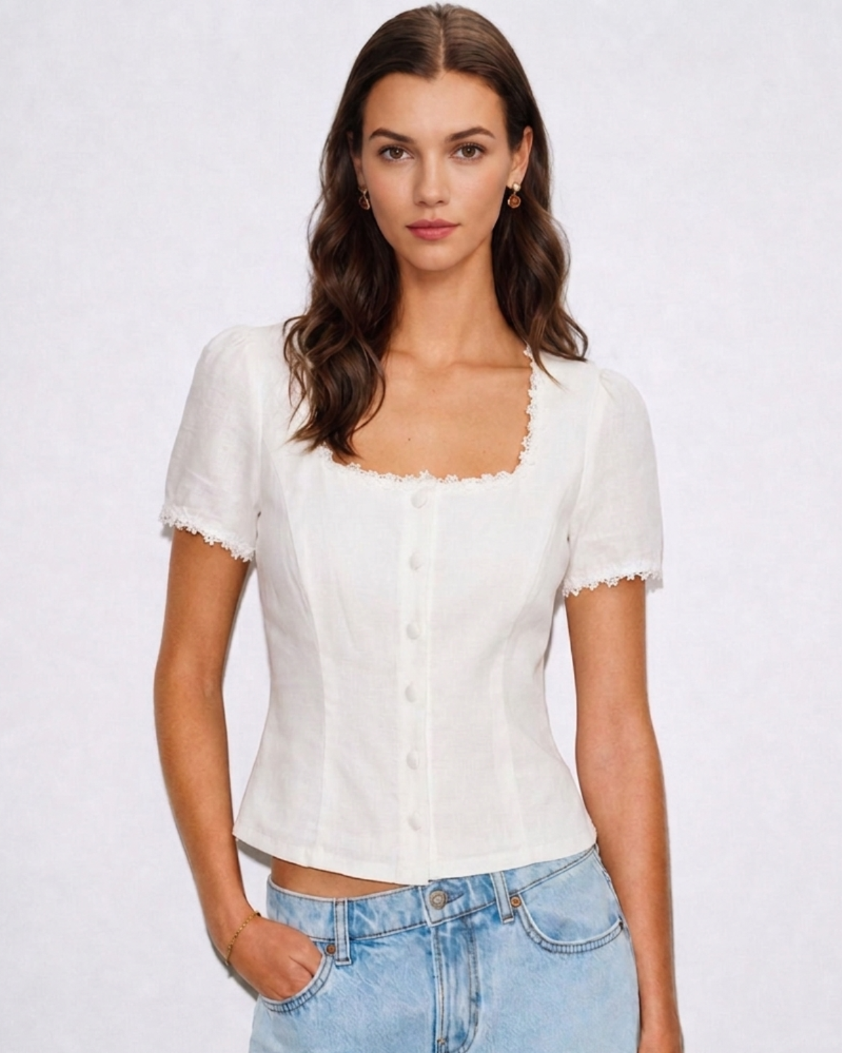 Oria | Square Neck Button-Front Lace Blouse