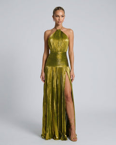 Carmen | Halter Neck Pleated High Slit Maxi Dress