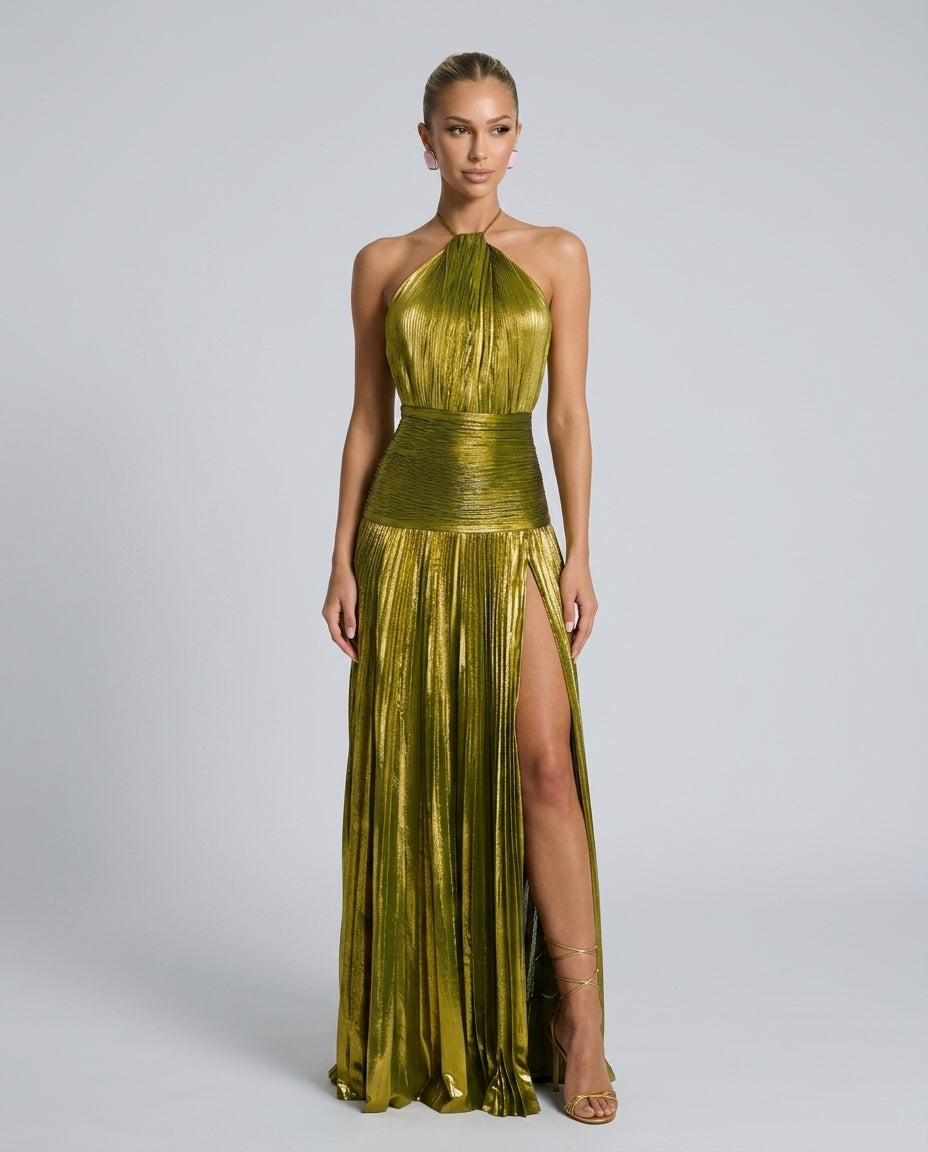 Carmen | Halter Neck Pleated High Slit Maxi Dress
