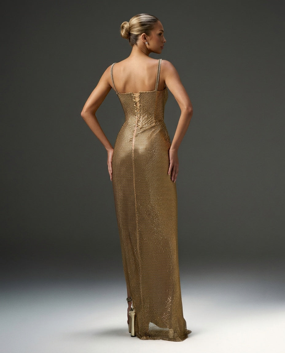 Celaine | Rhinestone Mesh Corset Ruched High Slit Maxi Dress