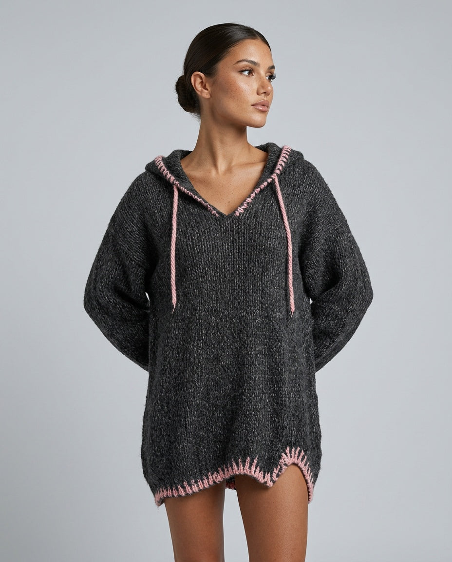 Harlow | Hooded Pink-Trim Knit Mini