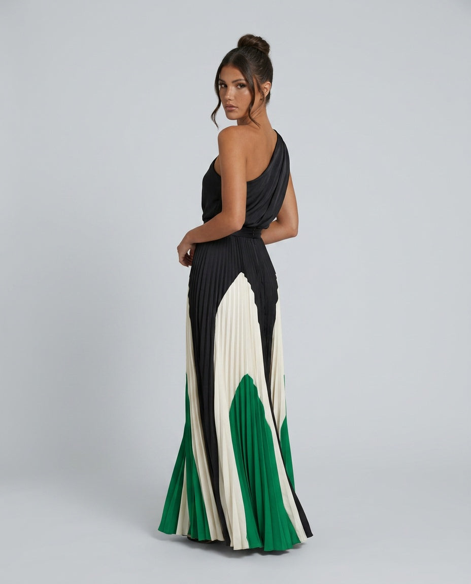 Aurore | Asymmetric Draped Pleated Multicolour Maxi Dress