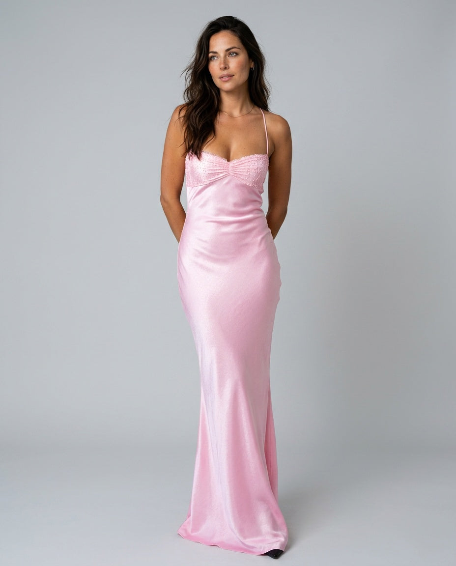 Ines | Lace-Trim Halter Neck Maxi Dress